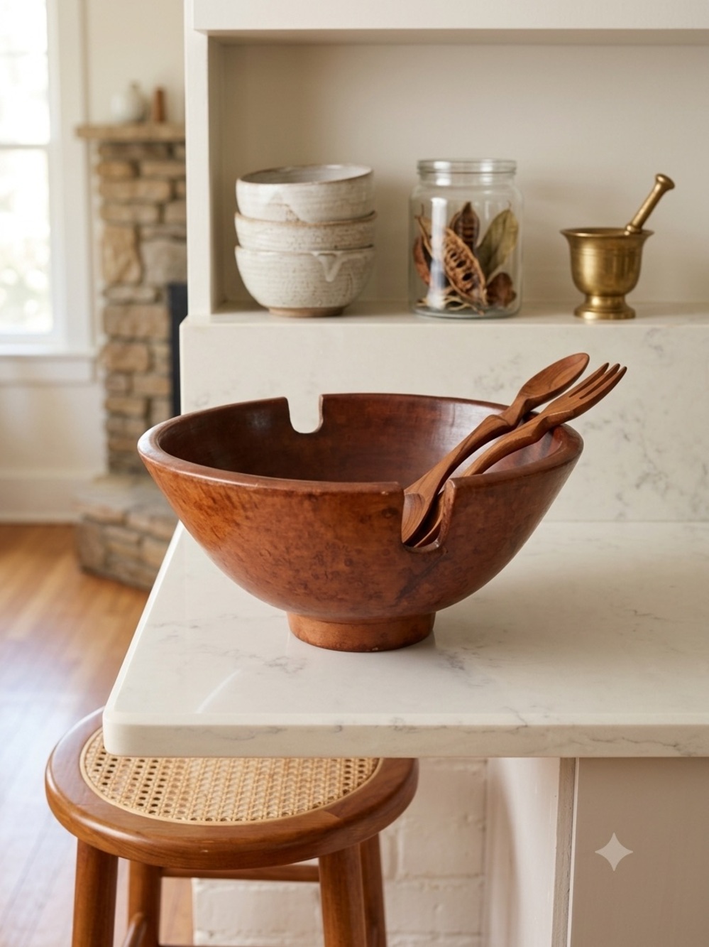 vintage hand-carved solid wood Teak salad serving bowl